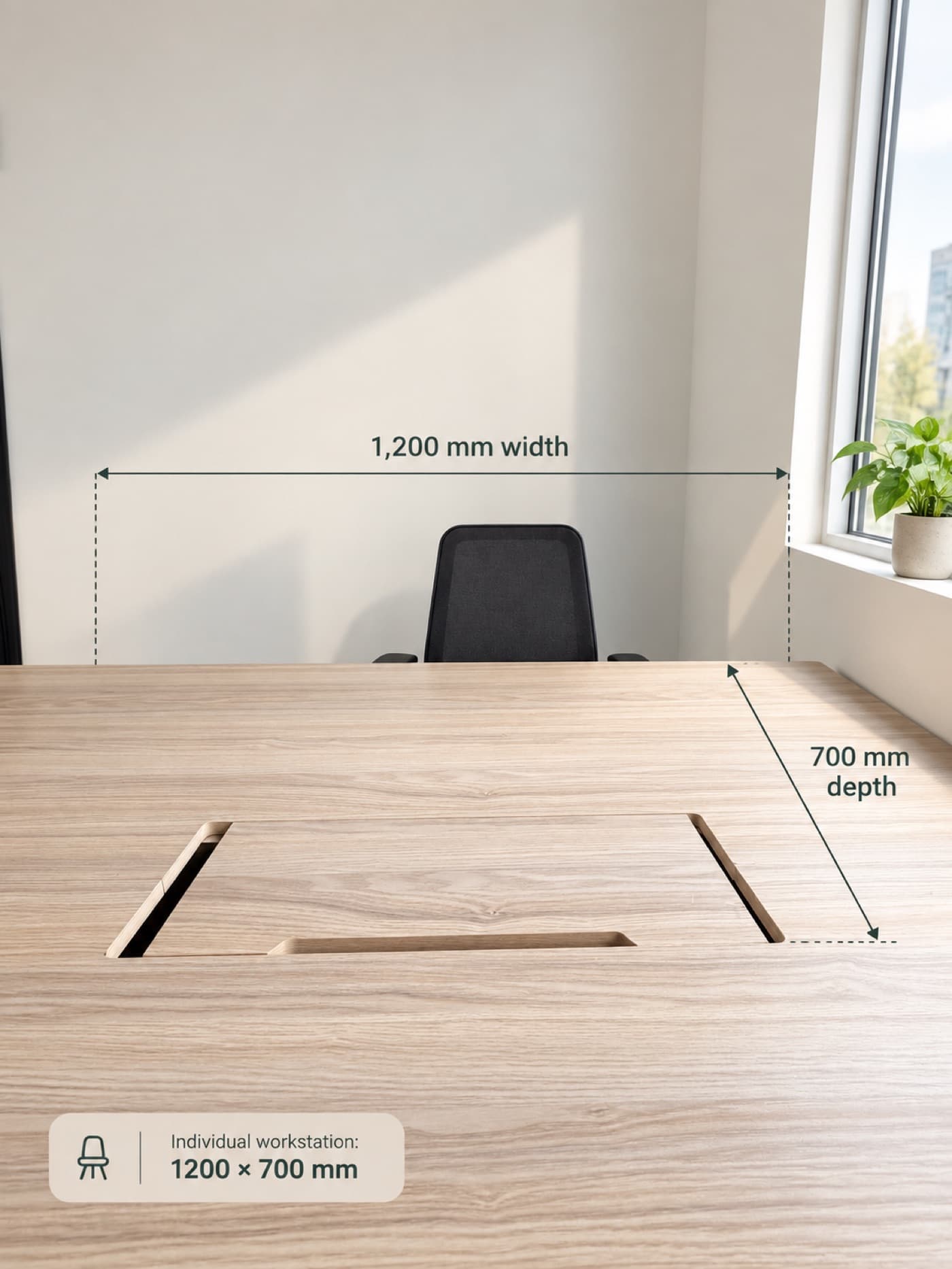 Desk surface showing 1,200 by 700 millimetre dimensions